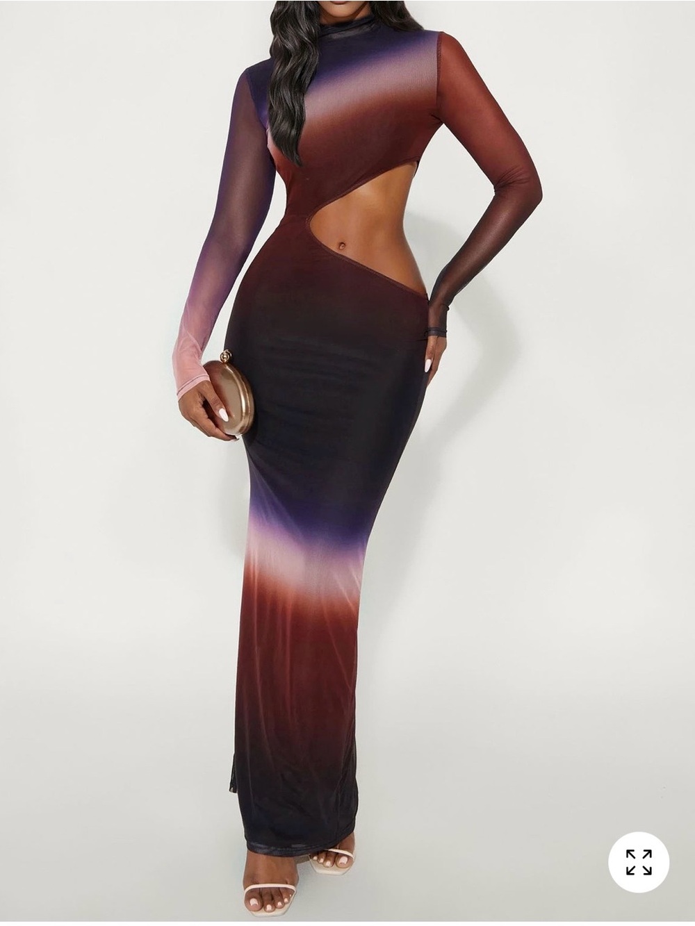 Cutout Ombre Long Sleeve Maxi Dress in Burgundy Purple